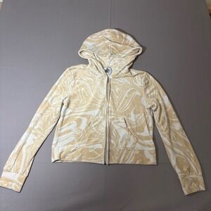 Juicy Couture Hoodie Womens Medium Tan Marble Swirl Velour Full Zip Crown Logo